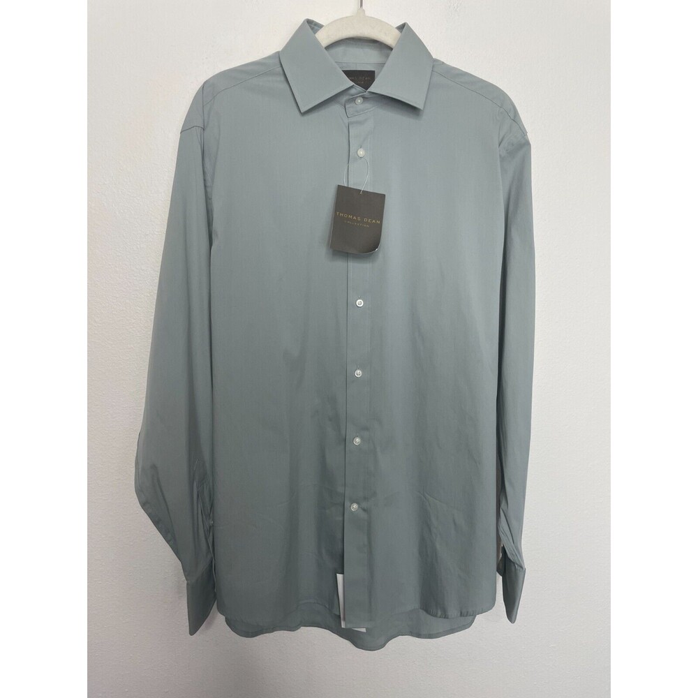 Thomas Dean Sz 15R Button Down Dress Shirt Solid Grey Long Sleeve Cotton New